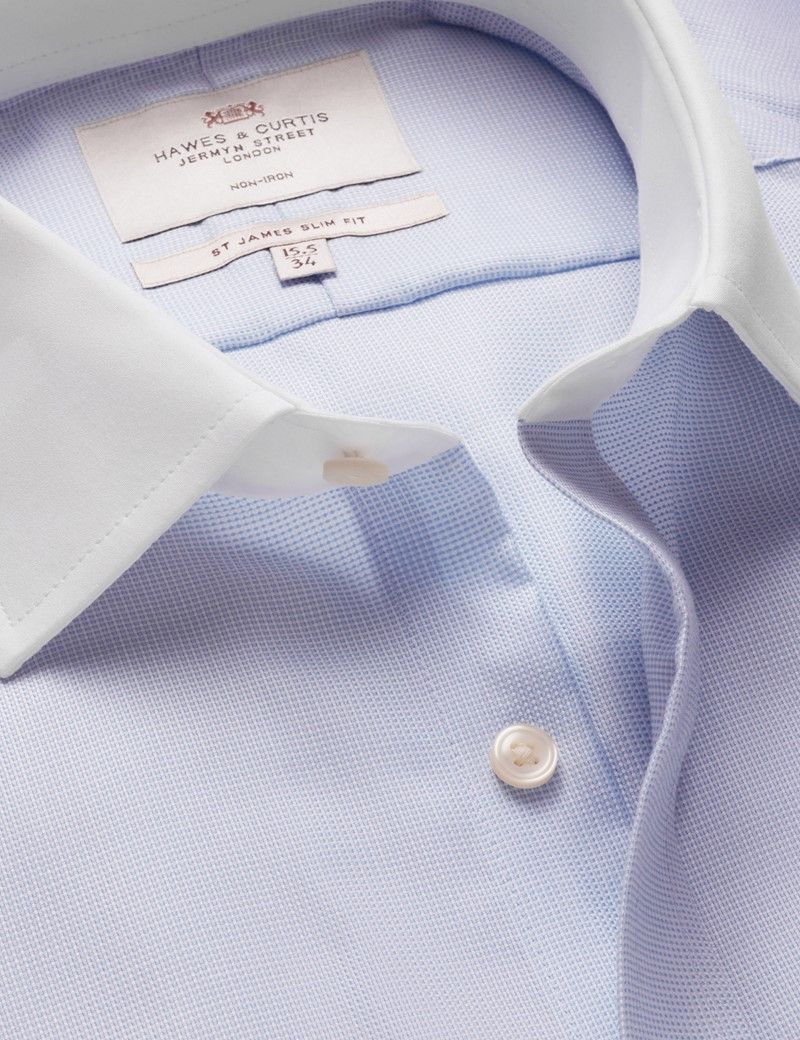 Slim Fit Blue Pick and Pick Non-Iron Shirt - Contrast Detail