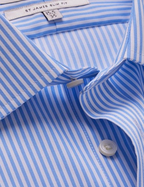 Non-Iron Blue & White Bengal Stripe Slim Shirt - Double Cuff