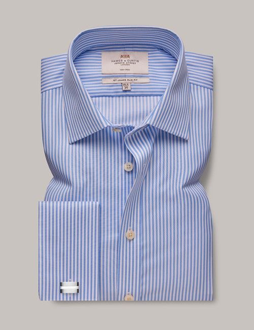 Non-Iron Blue & White Bengal Stripe Slim Shirt - Double Cuff-preview