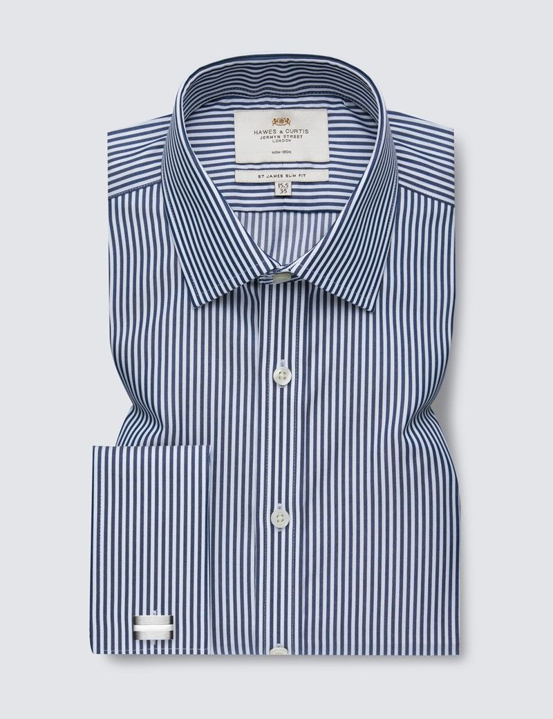 Men's Non-Iron Navy & White Bengal Stripe Slim Fit Shirt - Double Cuffs