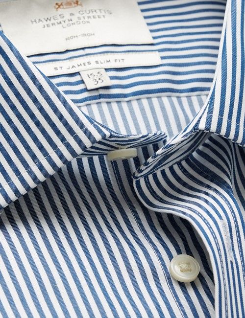 Non-Iron Navy & White Bengal Stripe Slim Fit Shirt - French Cuffs