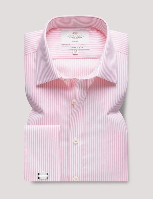 Non-Iron Pink & White Bengal Stripe Slim Shirt - Double Cuff-preview
