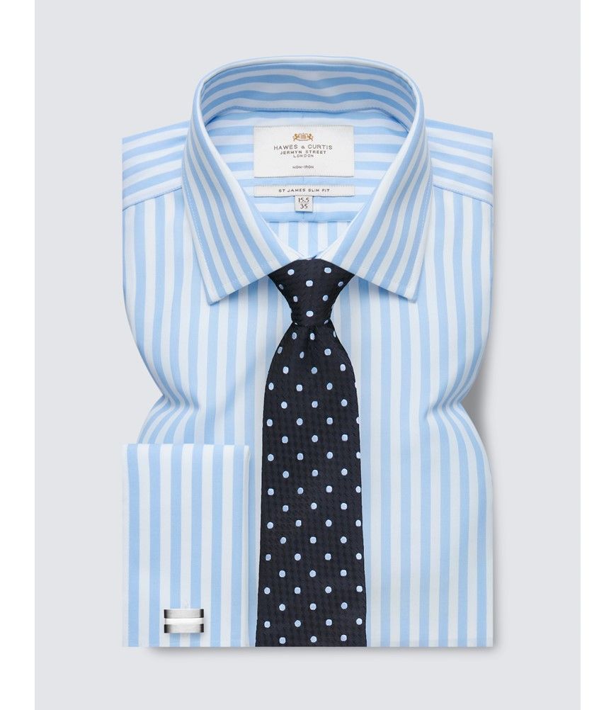 Men's Non-Iron Blue & White Bold Stripe Slim Shirt - Double Cuff