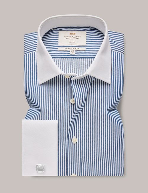 Non-Iron Navy & White Bengal Stripe Slim Shirt - White Collar and French Cuff-preview