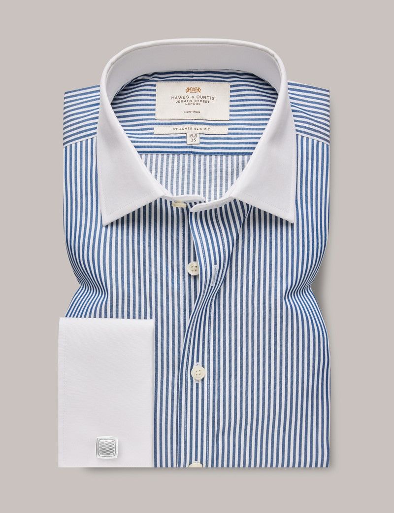 Slim Fit Navy & White Bengal Stripe Non-Iron Shirt - Contrast Detail-preview