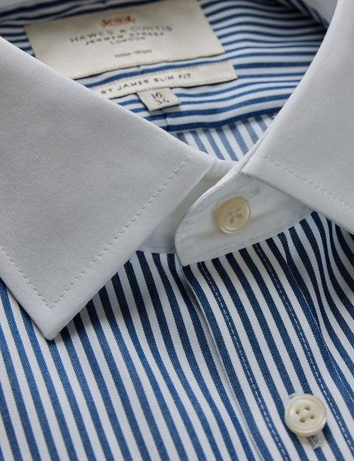 Non-Iron Navy & White Bengal Stripe Slim Shirt - White Collar and French Cuff