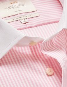 Non-Iron Pink & White Bengal Stripe Slim Shirt with White Collar & Double Cuff