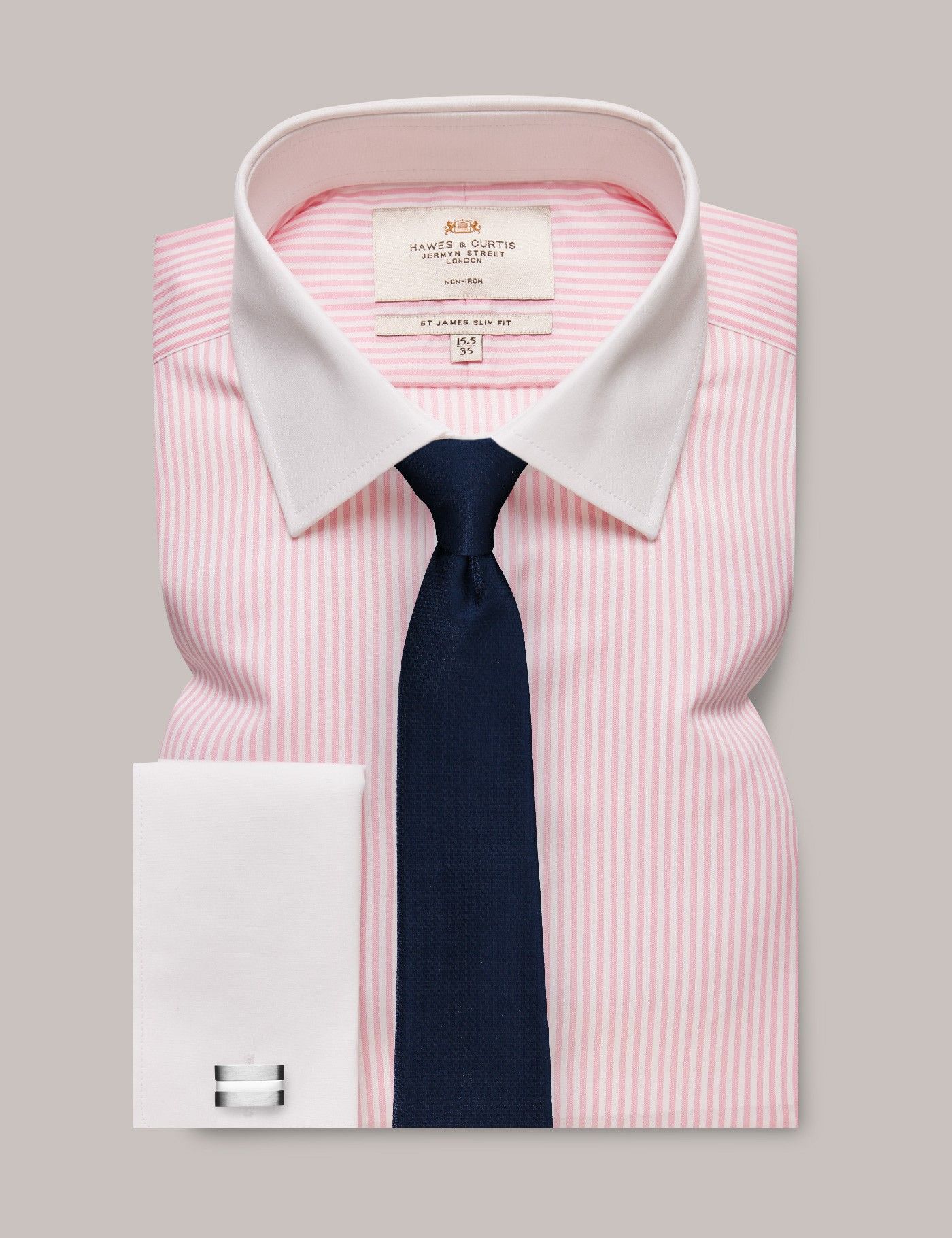 Men s Non Iron Pink White Bengal Stripe Slim Shirt with White Collar Double Cuff Hawes Curtis