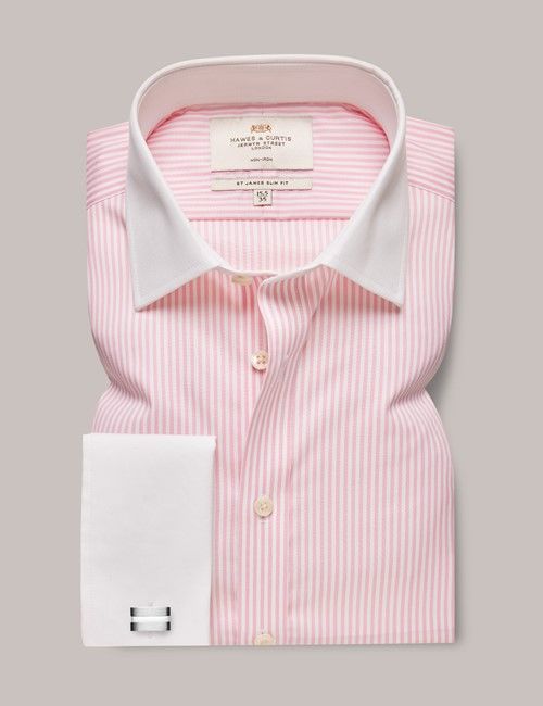 Non-Iron Pink & White Bengal Stripe Slim Shirt with White Collar & Double Cuff-preview