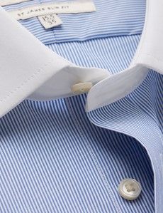 Non-Iron Blue & White Fine Stripe Slim Shirt With White Collar & Cuffs