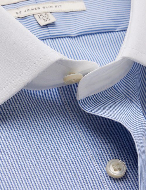 Non-Iron Blue & White Fine Stripe Slim Shirt With White Collar & Cuffs
