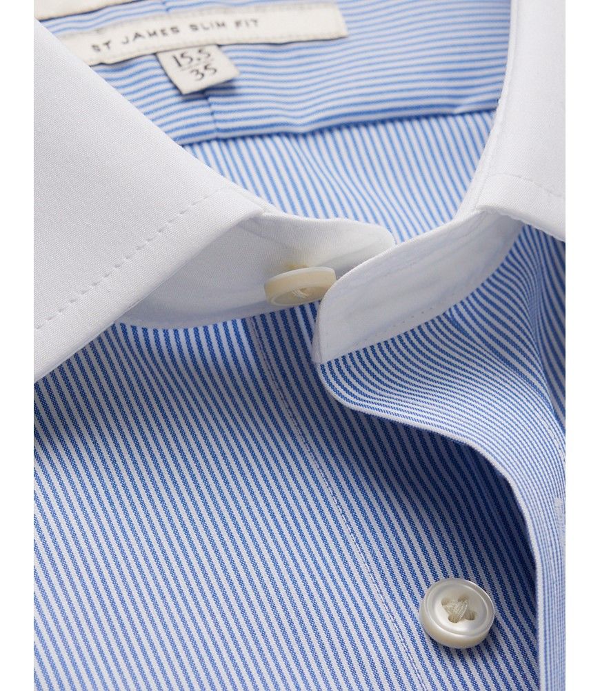 Non-Iron Blue & White Fine Stripe Slim Shirt With White Collar & Cuffs |  Hawes & Curtis