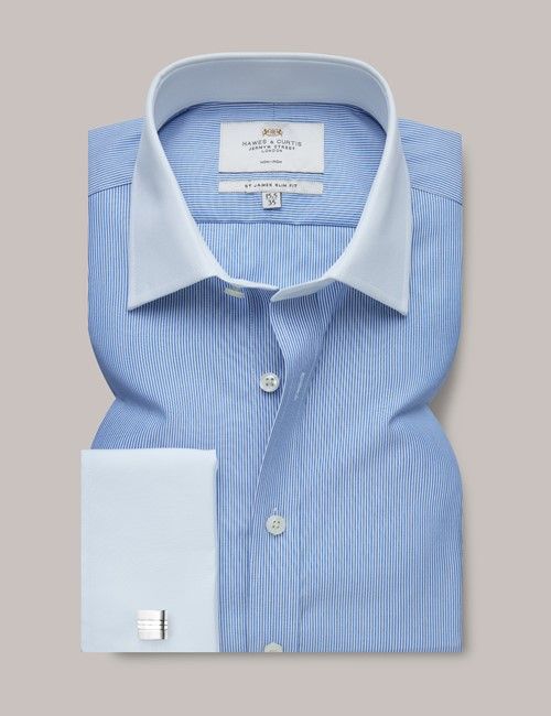 Non-Iron Blue & White Fine Stripe Slim Shirt With White Collar & Cuffs-preview
