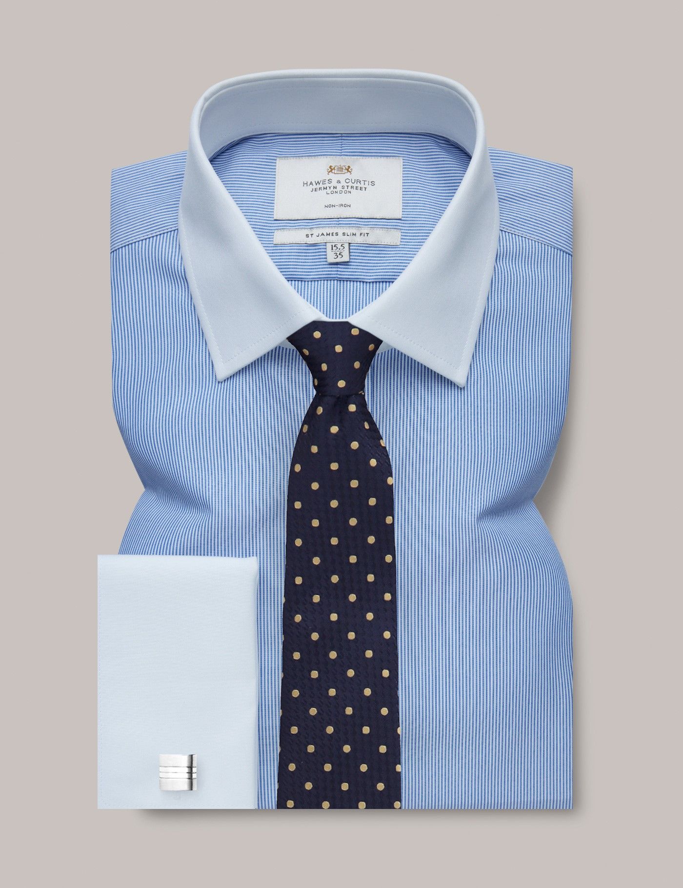 Non-Iron Blue & White Fine Stripe Slim Shirt With White Collar & Cuffs ...