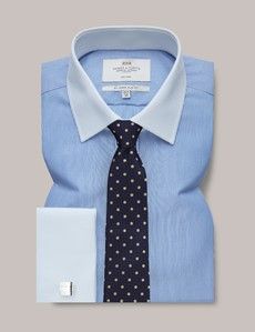 Non-Iron Blue & White Fine Stripe Slim Shirt With White Collar & Cuffs-preview2