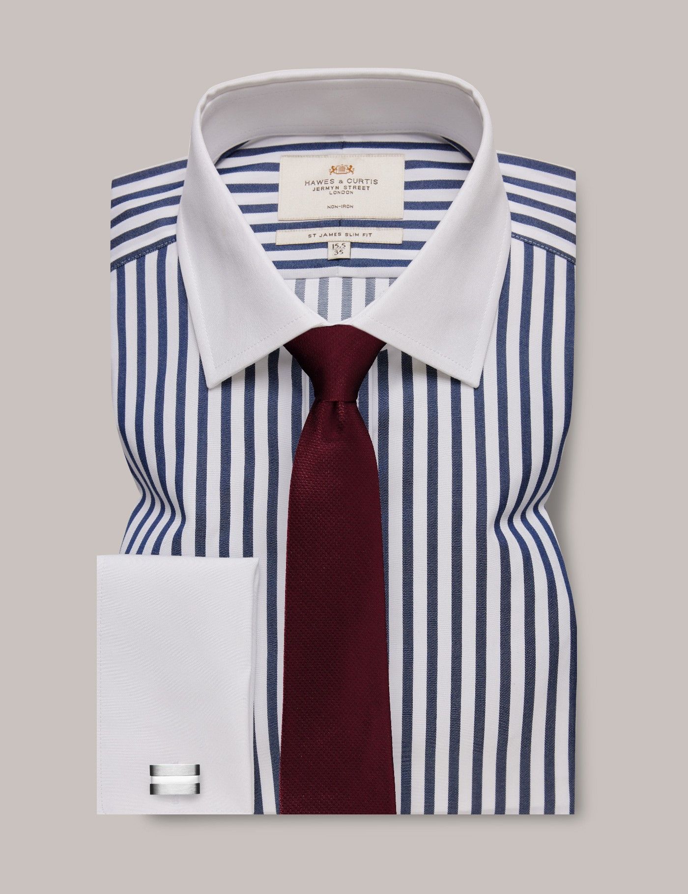 Non Iron Navy & White Bold Stripe Slim Fit Shirt With White Collar And 