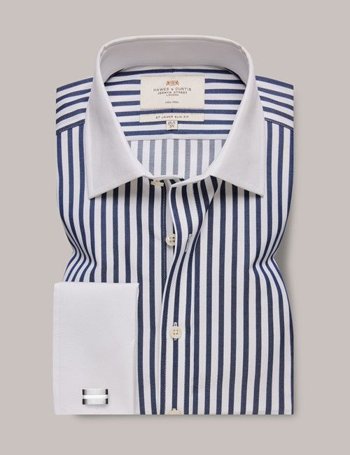 Non Iron Navy & White Bold Stripe Slim Fit Shirt With White Collar and Cuffs-preview