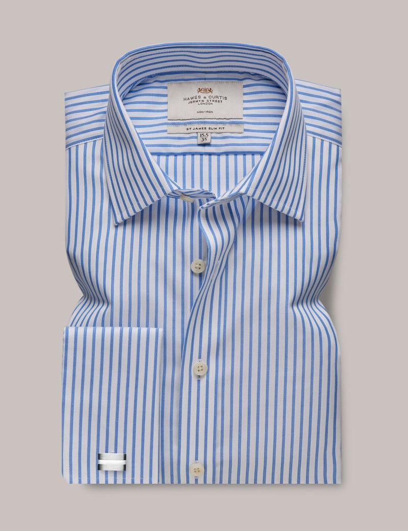 Mens Non Iron Blue And White Stripe Slim Shirt Double Cuff Hawes