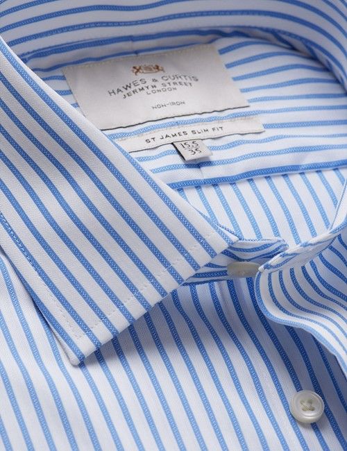 Non-Iron Blue & White Stripe Slim Shirt - Double Cuff