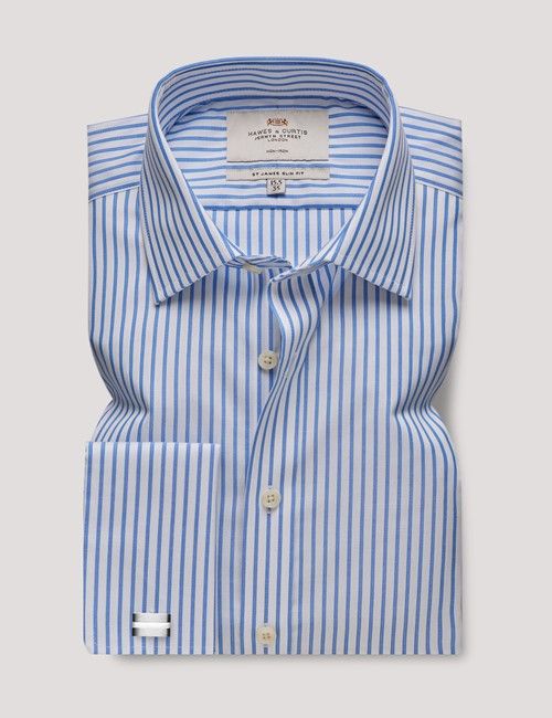 Non-Iron Blue & White Stripe Slim Shirt - Double Cuff-preview