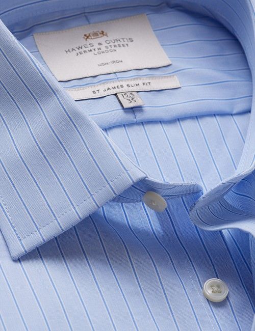 Non-Iron Blue & White End on End Stripe Slim Shirt - French Cuff