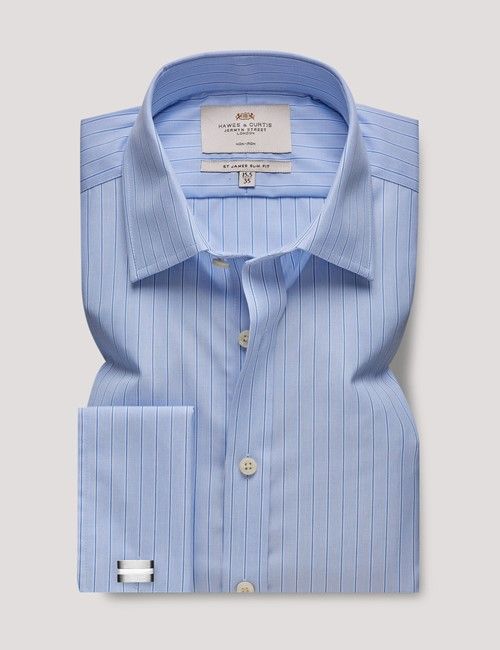 Non-Iron Blue & White End on End Stripe Slim Shirt - French Cuff-preview