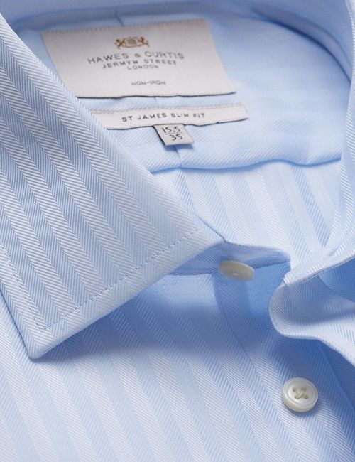 Non-Iron Blue Herringbone Stripe Slim Shirt - French Cuff