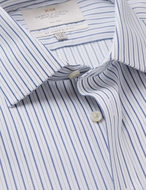 Non-Iron Navy & White Stripe Slim Fit Shirt - Double Cuff