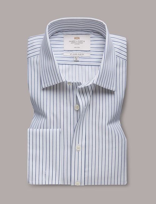 Non-Iron Navy & White Stripe Slim Fit Shirt - Double Cuff-preview