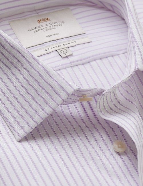 Non-Iron Purple & White Stripe Slim Fit Shirt - Double Cuff