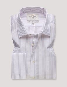 Non-Iron Purple & White Stripe Slim Fit Shirt - French Cuff-preview1