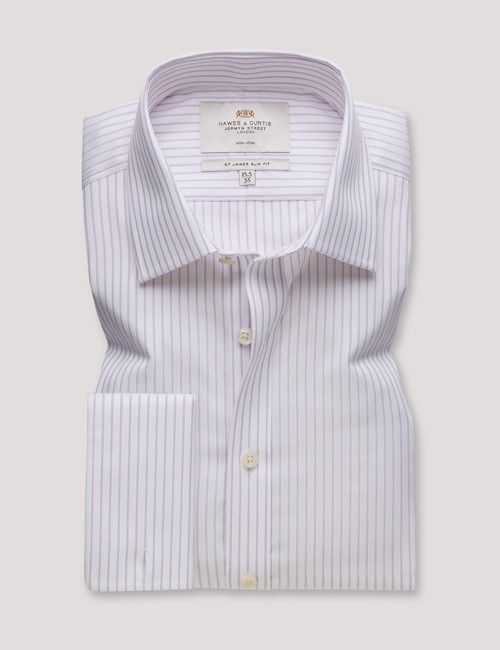 Non-Iron Purple & White Stripe Slim Fit Shirt - Double Cuff-preview