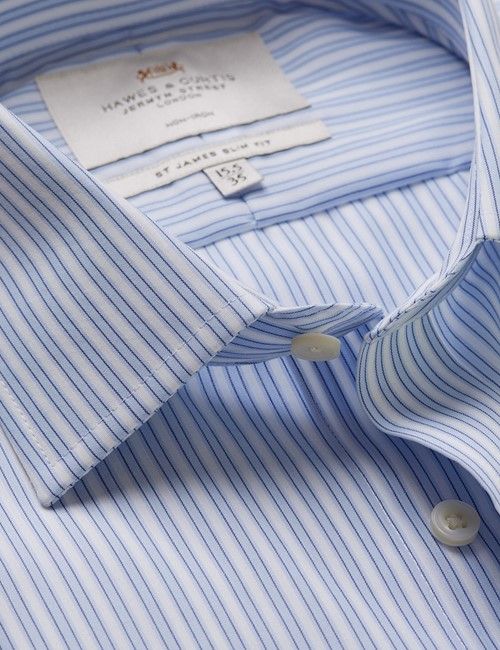 Non-Iron Blue & White Multi Stripe Slim Fit Shirt - Double Cuff