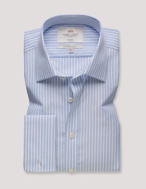 Non-Iron Blue & White Multi Stripe Slim Fit Shirt - Double Cuff-preview