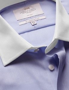 Slim Fit Blue Herringbone Stripe Non-Iron Shirt - Contrast Detail