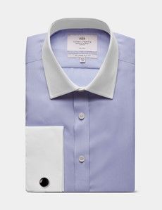 Slim Fit Blue Herringbone Stripe Non-Iron Shirt - Contrast Detail