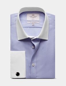 Slim Fit Blue Herringbone Stripe Non-Iron Shirt - Contrast Detail