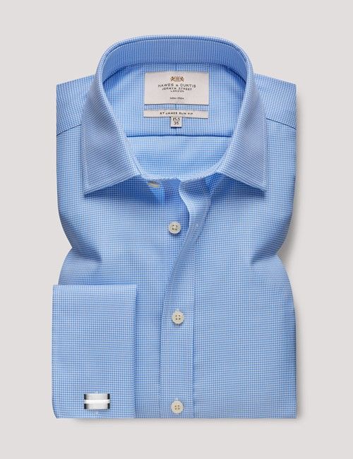 Non-Iron Blue & White Dogtooth Slim Shirt - French Cuff