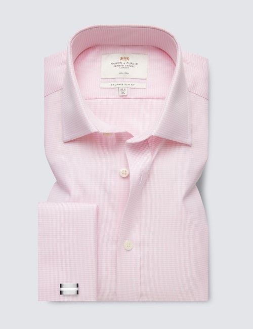 Non-Iron Pink & White Dogtooth Slim Shirt - French Cuff-preview