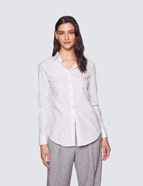 Women's White & Pink Dobby Spots Semi Fitted Cotton Shirt