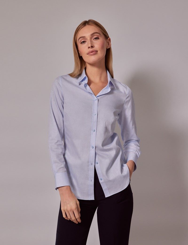 Women's Blue Jacquard Paisley Semi-Fitted Cotton Shirt | Hawes & Curtis