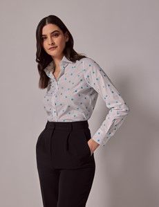 White & Blue Dobby Spots Semi-Fitted Cotton Shirt