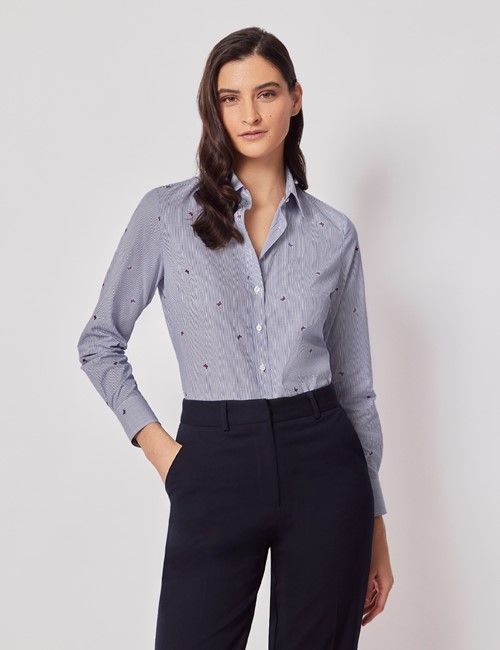 Blue & Red Butterfly Dobby Cotton Semi-Fitted Shirt