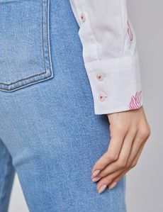 Women's White & Pink Dobby Semi Fitted Shirt - Single Cuff