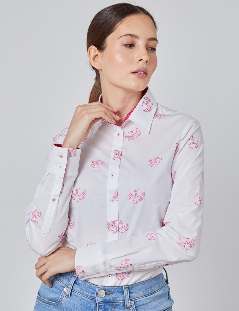 Women's White & Pink Dobby Semi Fitted Shirt - Single Cuff