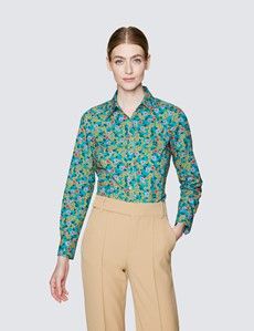 Women's Green & Orange Floral Print Semi Fitted Cotton Shirt