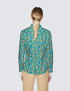 Women's Green & Orange Floral Print Semi Fitted Cotton Shirt-preview4