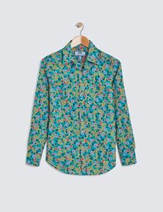 Women's Green & Orange Floral Print Semi Fitted Cotton Shirt-preview5