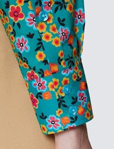 Women's Green & Orange Floral Print Semi Fitted Cotton Shirt-preview2