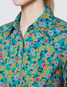 Women's Green & Orange Floral Print Semi Fitted Cotton Shirt-preview1